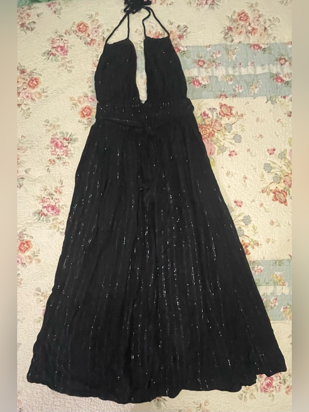 Black Halter Maxi Dress with Subtle Metallic Thread
